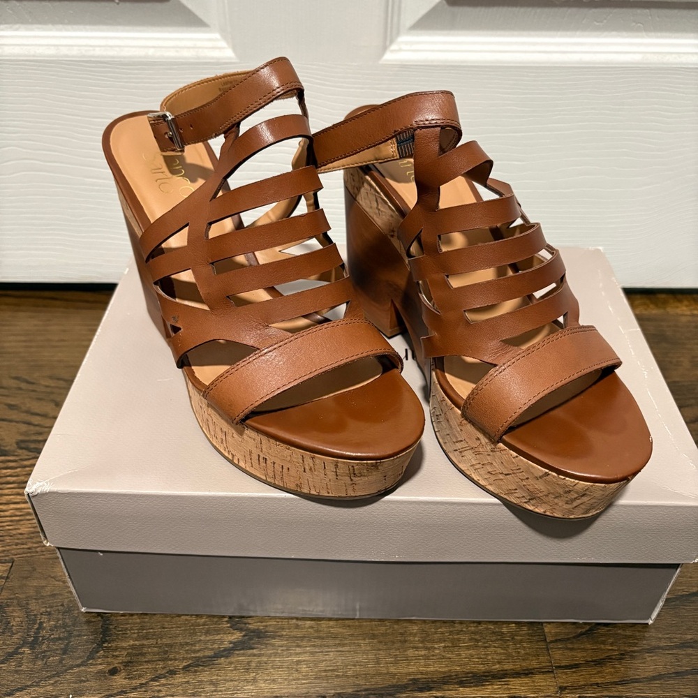 Franco Sarto Brown Strappy Cork Wedge Sandals